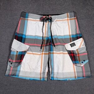 Y2K Billabong Board Shorts Men 34 Plaid Cargo Pocket Wax Comb Surf Swim Trunks